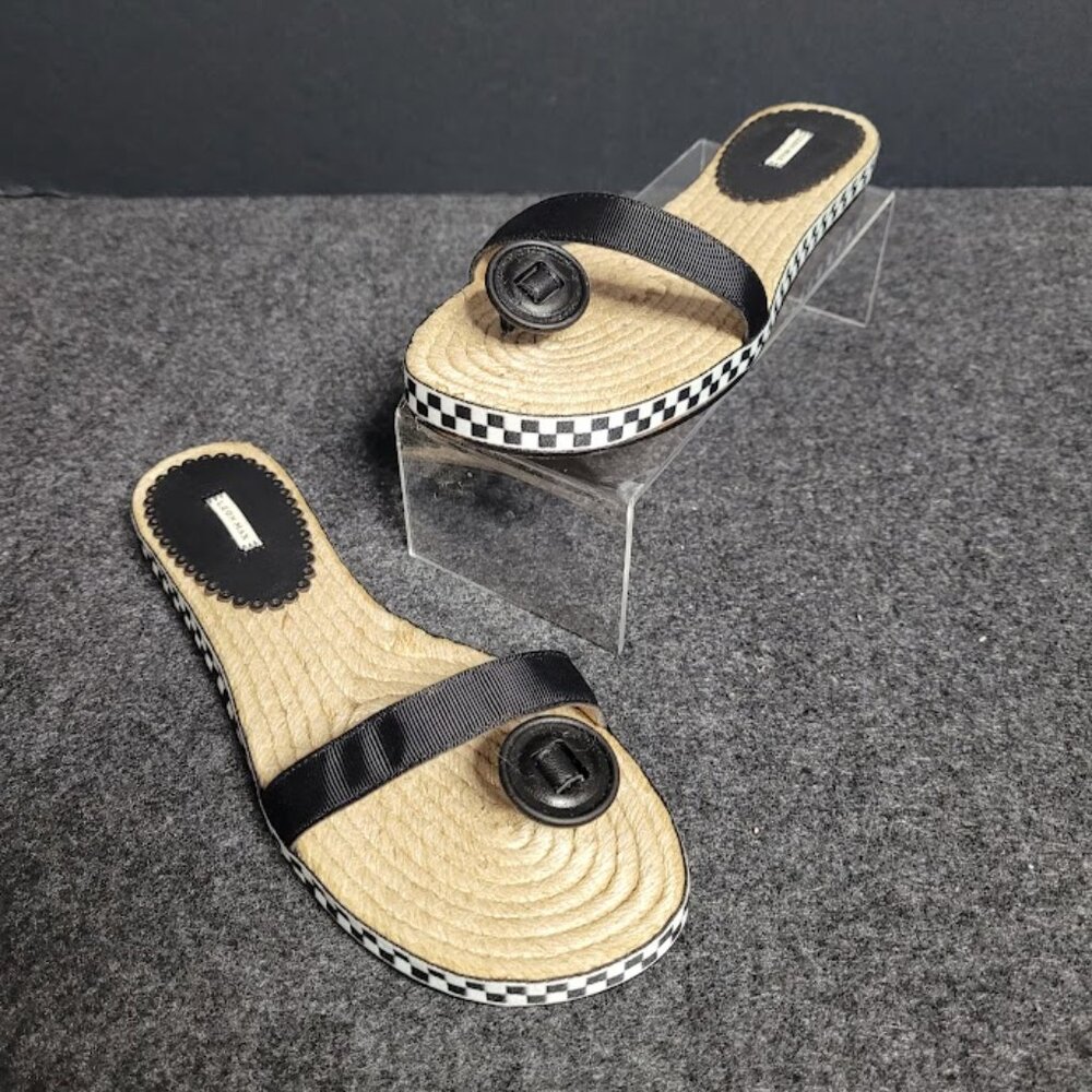 Leon Max Womens Jesting Flat Sandals Blk/White Checkered Button Toe Slip On 5.5M